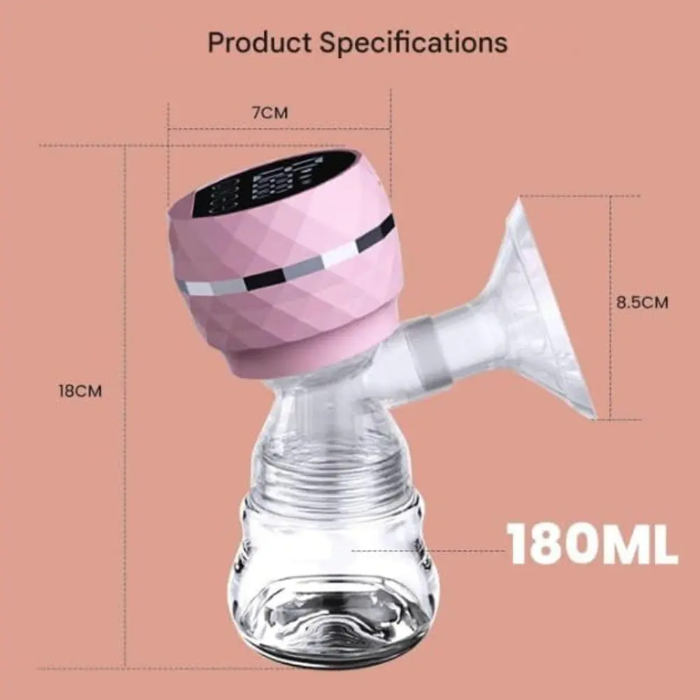 Extractor de leche materna eléctrico rosa con pantalla digital, capacidad de 180ml, medidas 18cm alto, 7cm ancho, 8.5cm embudo.