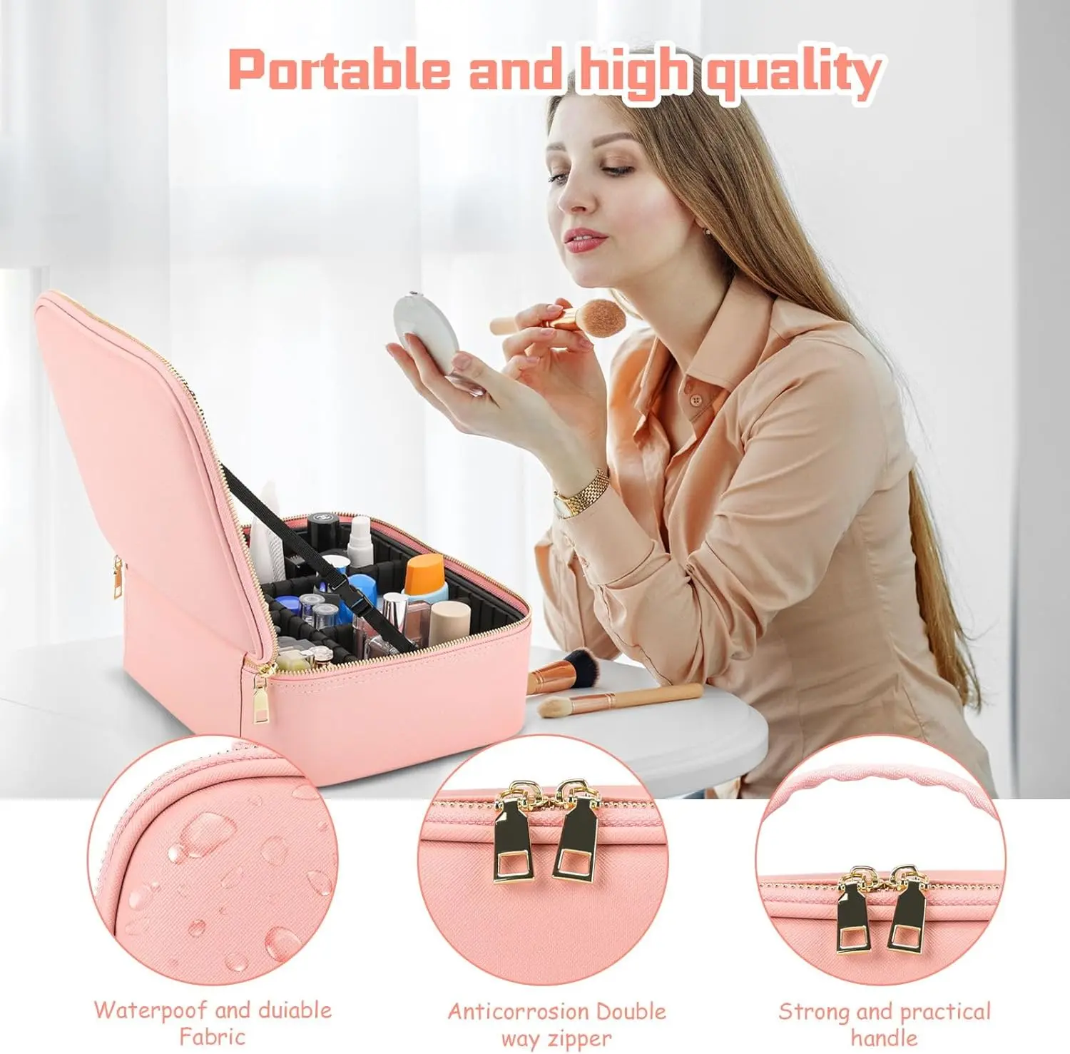 Cosmetiquera rosada portátil de alta calidad con compartimentos, cremalleras doradas y asa, ideal para maquillaje.