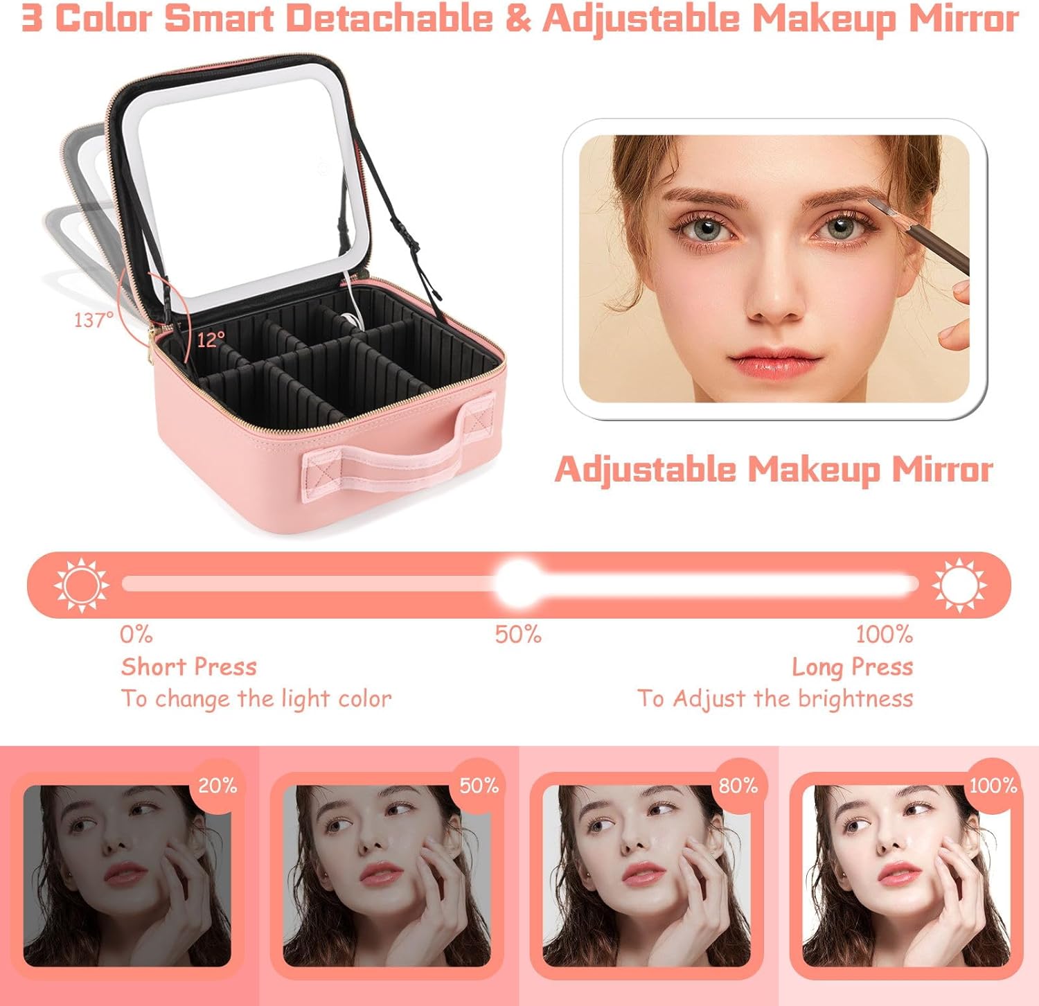 Cosmetiquera rosa con espejo LED ajustable en ángulo, ideal para maquillaje.