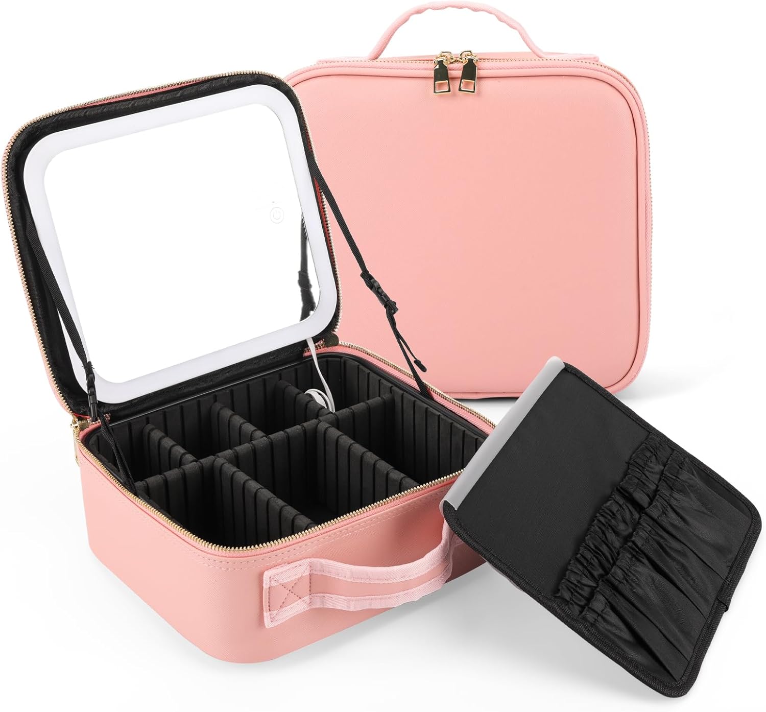 Cosmetiquera rosa abierta con espejo LED, divisores internos ajustables y estuche de brochas extraíble.