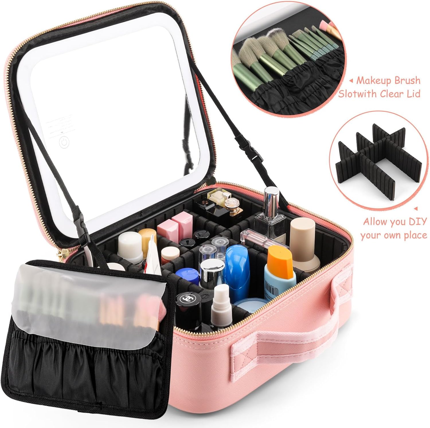 Cosmetiquera rosa con espejo LED, compartimentos ajustables y organizador de brochas.