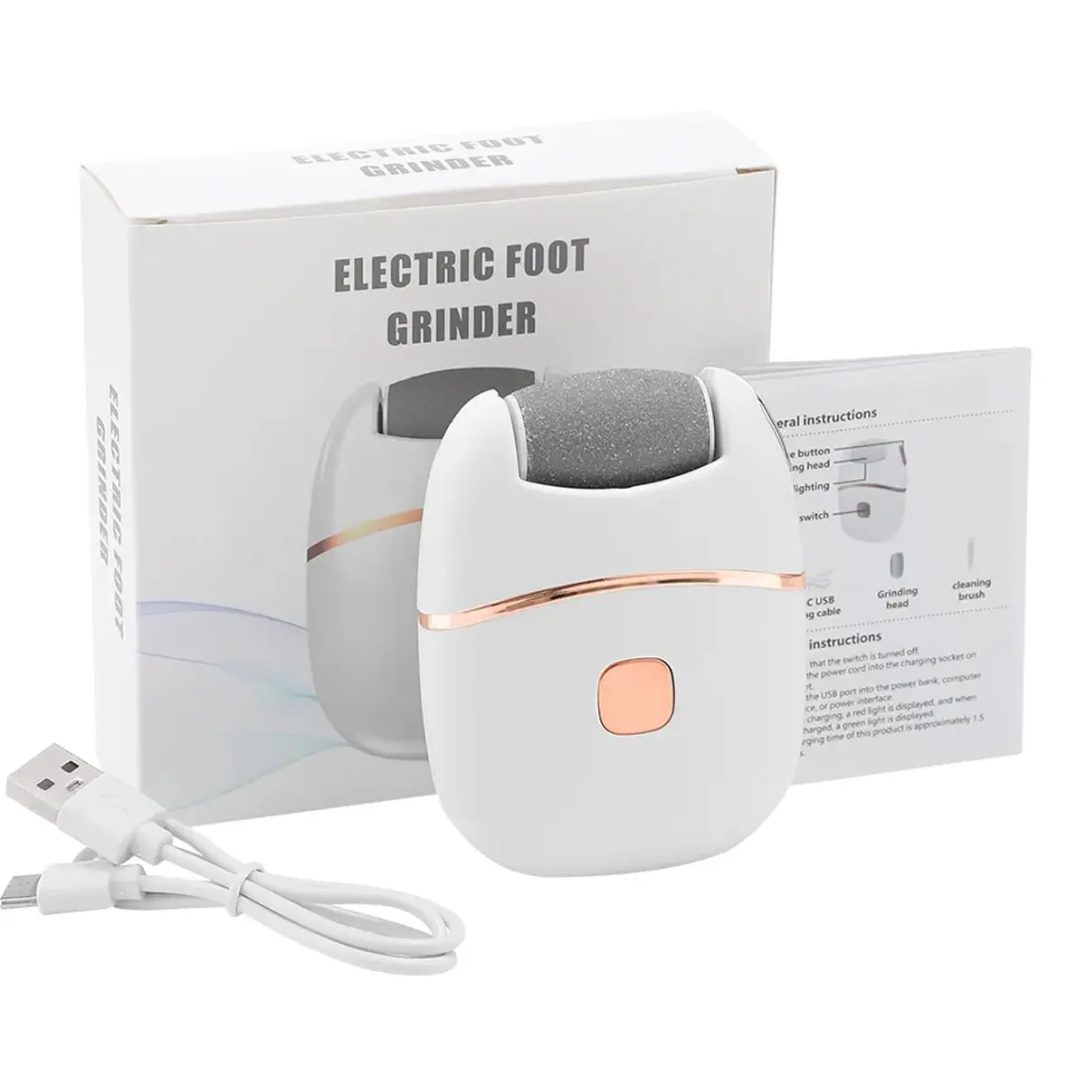 Pulidor de pies eléctrico blanco con cabezal gris, recargable por USB. Ideal para eliminar callos.
