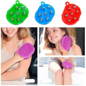 Guante masajeador corporal morado con balines, ideal para aliviar fatiga y mejorar circulación.
