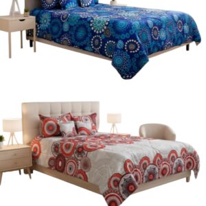 Tendido abullonado cama doble 1.40, diseño geométrico azul y otro con círculos rojos y grises.