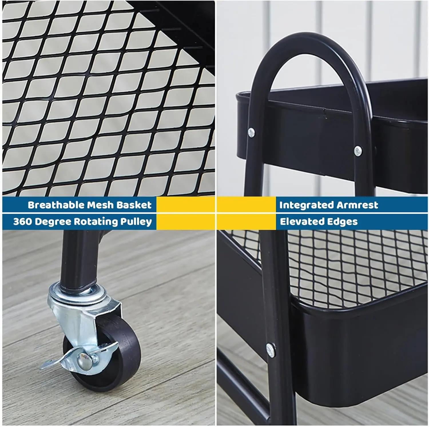 Organizador de cocina negro 3 niveles: malla transpirable, ruedas giratorias 360°, asa integrada y bordes elevados.