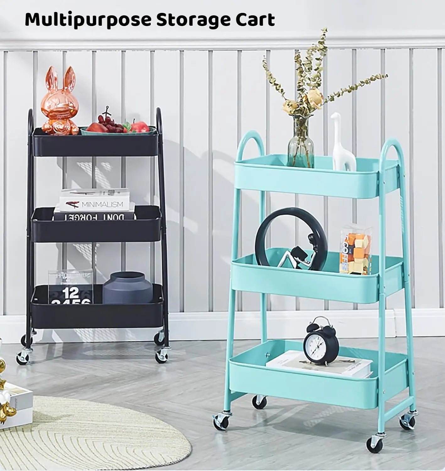 Carrito organizador metálico de 3 niveles en color azul menta con accesorios de decoración y libros.
