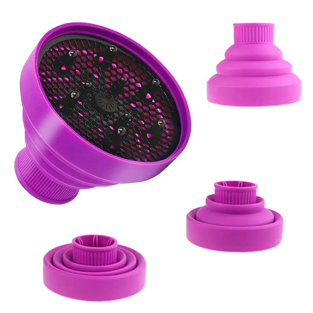 Difusor Ab-1 Airflex morado de silicona plegable para secador de pelo, con rejilla negra y protuberancias.