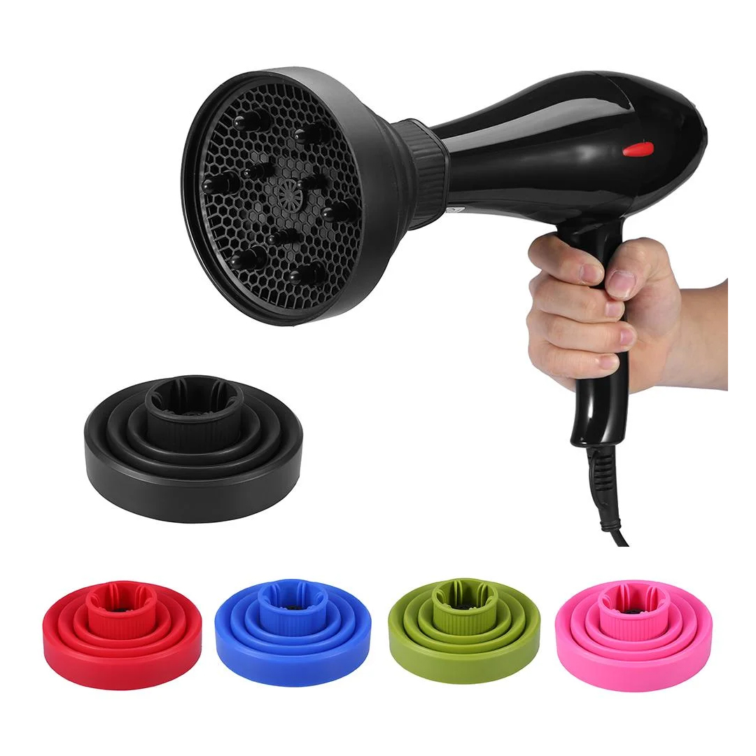 Difusor de secador de pelo Ab-1 Airflex en negro, con 4 difusores plegables en colores rojo, azul, verde y rosa.
