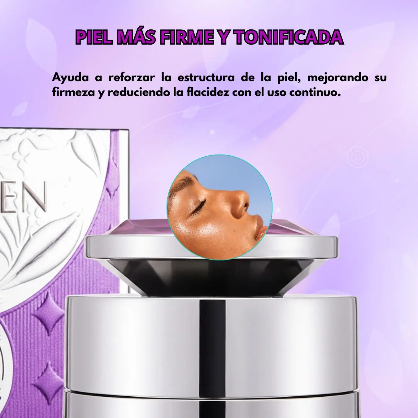 Crema facial Mercilen reafirmante y tonificante, con detalle de piel radiante.