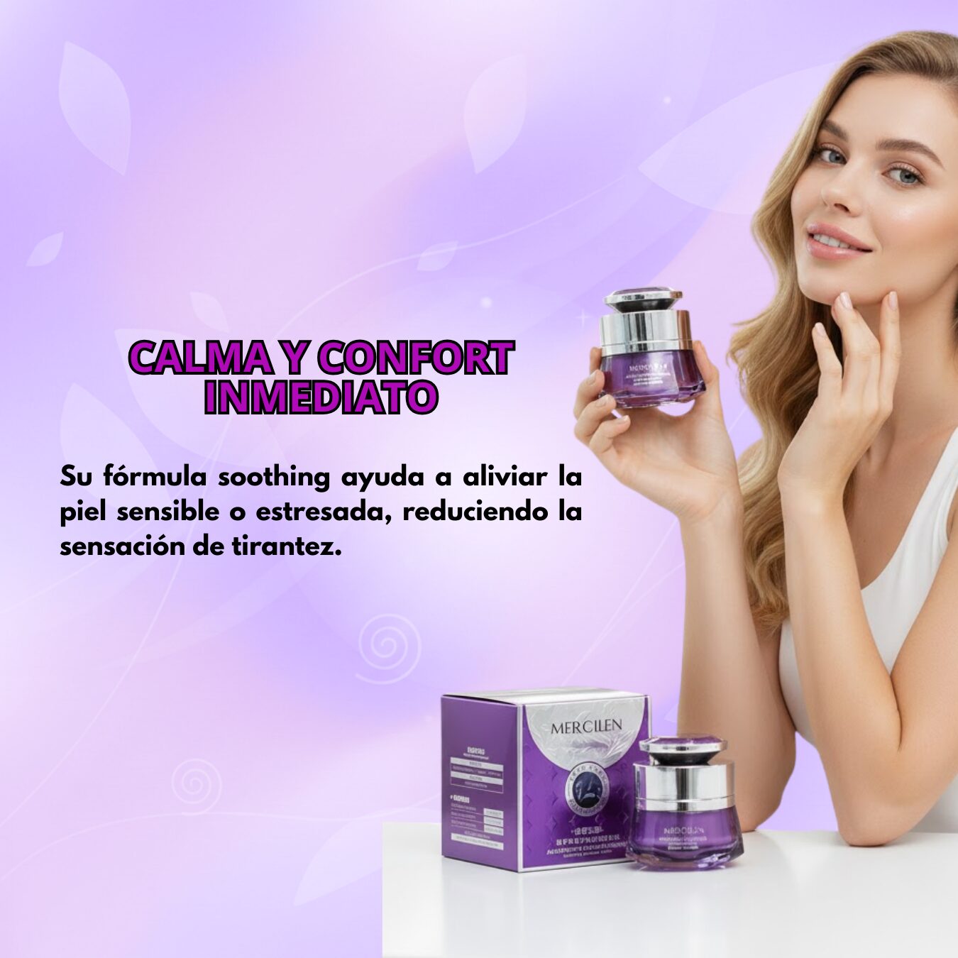Mujer sonríe sujetando crema facial Morada Mercilen. Título y descripción en español sobre calma y confort inmediato.