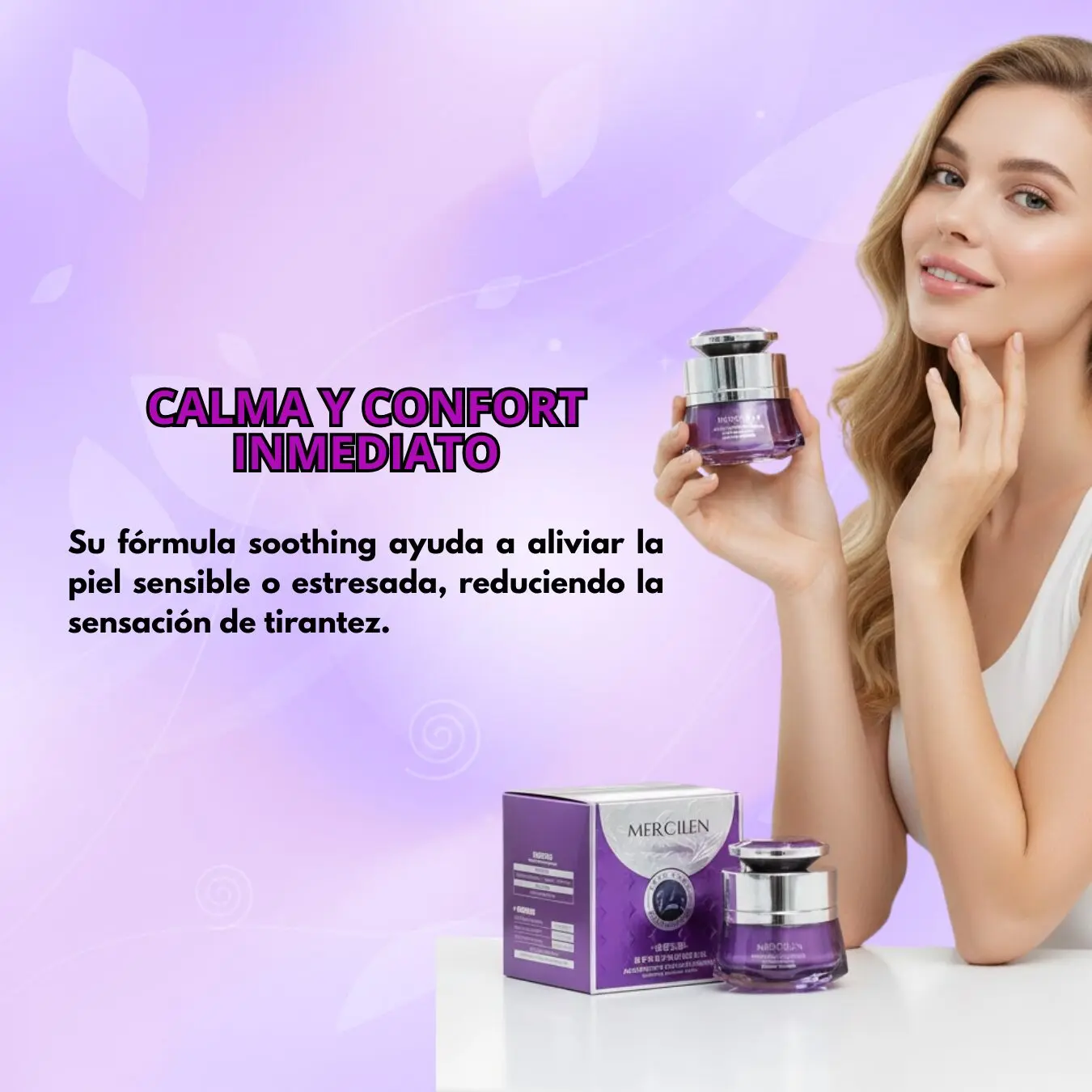 Mujer sonríe sujetando crema facial Morada Mercilen. Título y descripción en español sobre calma y confort inmediato.