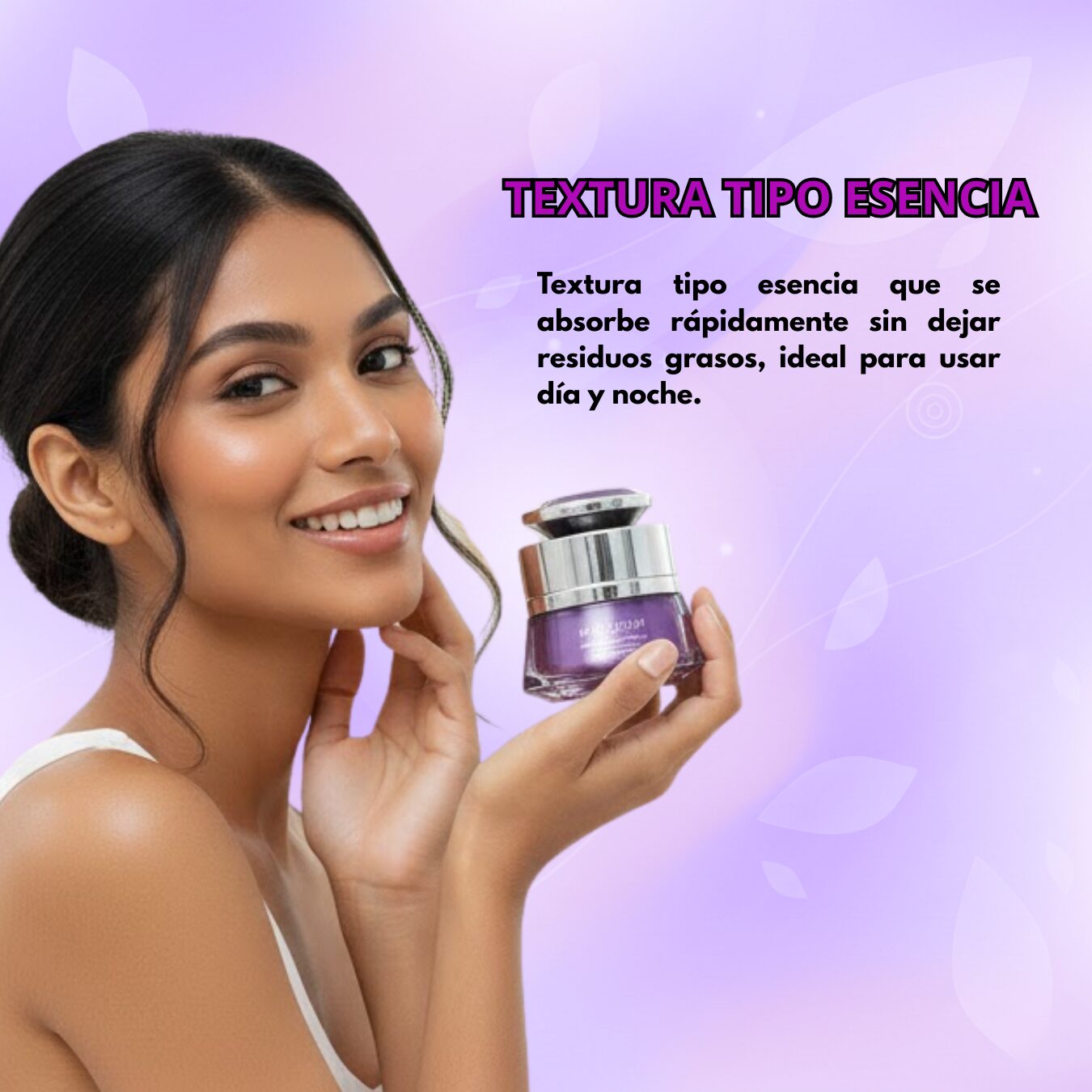 Crema facial textura esencia en envase morado, ideal para usar día y noche.