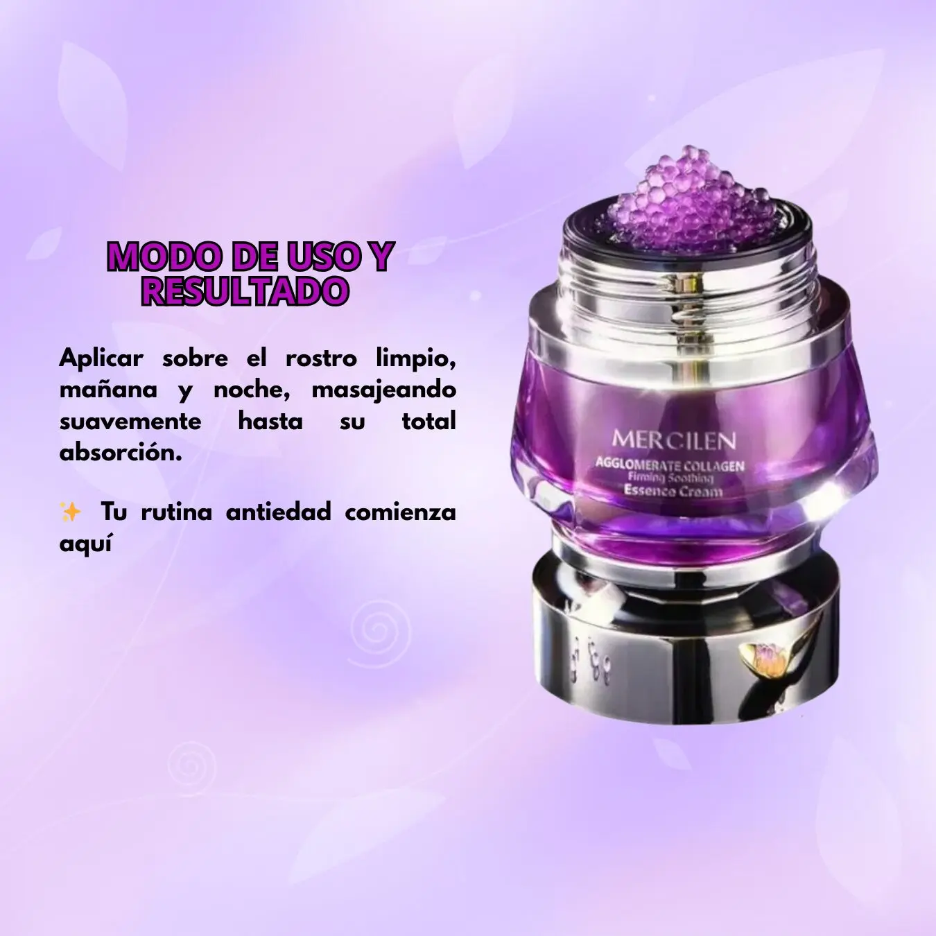 Crema facial Mercilen morada con caviar de colágeno, para rutina antiedad.