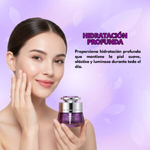 Mujer sonriente aplica crema facial reafirmante Morada Mercilen, que promete hidratación profunda.