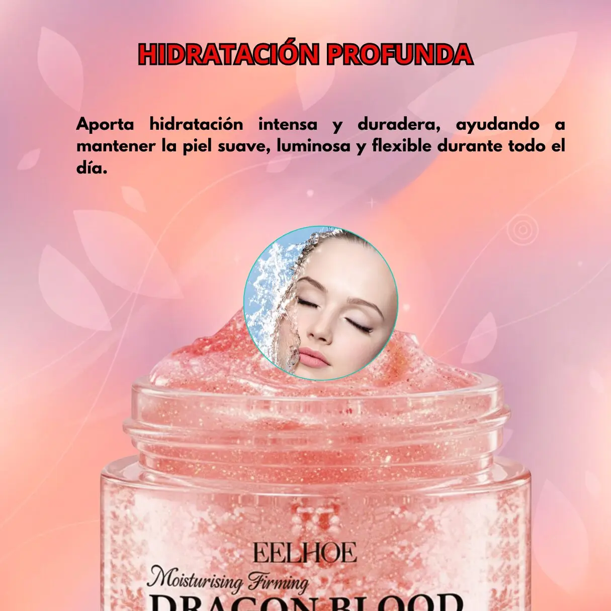 Crema facial Eelhoe Sangre de Dragón hidratante y reafirmante en envase transparente con textura gelatinosa rosada.