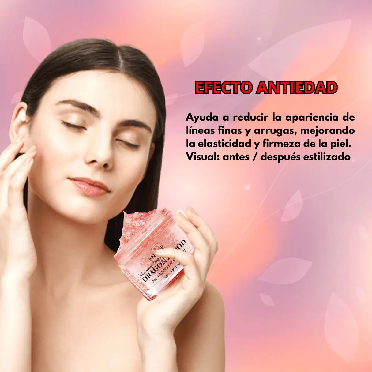 Mujer con piel radiante aplica crema anti-edad Sangre de Dragón en envase rosa.