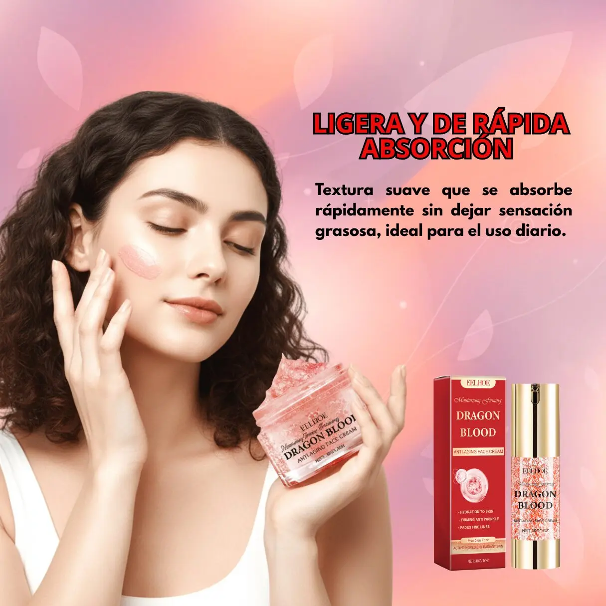Mujer aplica crema facial Dragon Blood, tarro abierto con textura rosada y frascos del producto.