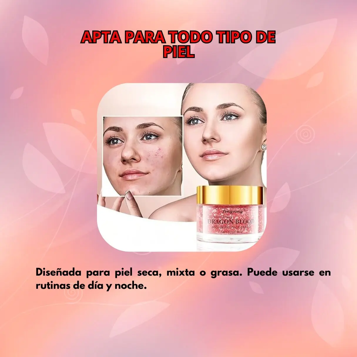 Crema facial "Dragon Blood" para todo tipo de piel, combate acné y arrugas, uso día y noche.