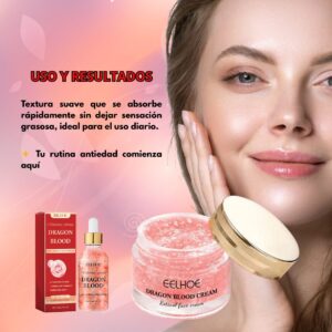 Set tratamiento facial Sangre de Dragón con serum y crema en envase rosado, para piel joven.