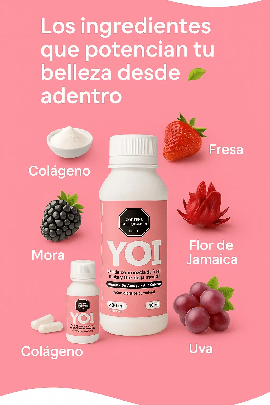 Colágeno líquido YOI con fresa, mora, flor de Jamaica y uva, presentación botella y cápsulas.
