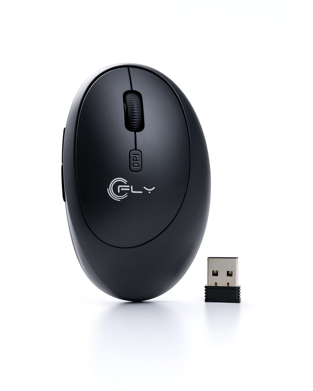 Mouse inalámbrico ergonómico negro FLY T50 con receptor USB, ideal para aliviar fatiga y mejorar productividad.