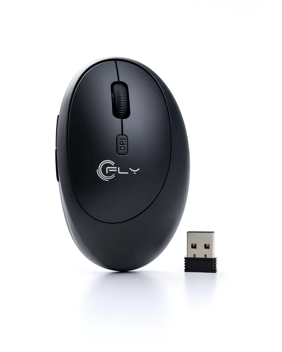 Mouse inalámbrico ergonómico negro FLY T50 con receptor USB, ideal para aliviar fatiga y mejorar productividad.