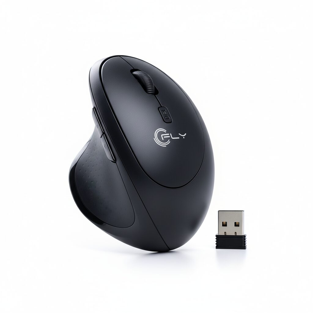Mouse inalámbrico ergonómico negro FLY T50 con receptor USB, ideal para aliviar fatiga y mejorar productividad.
