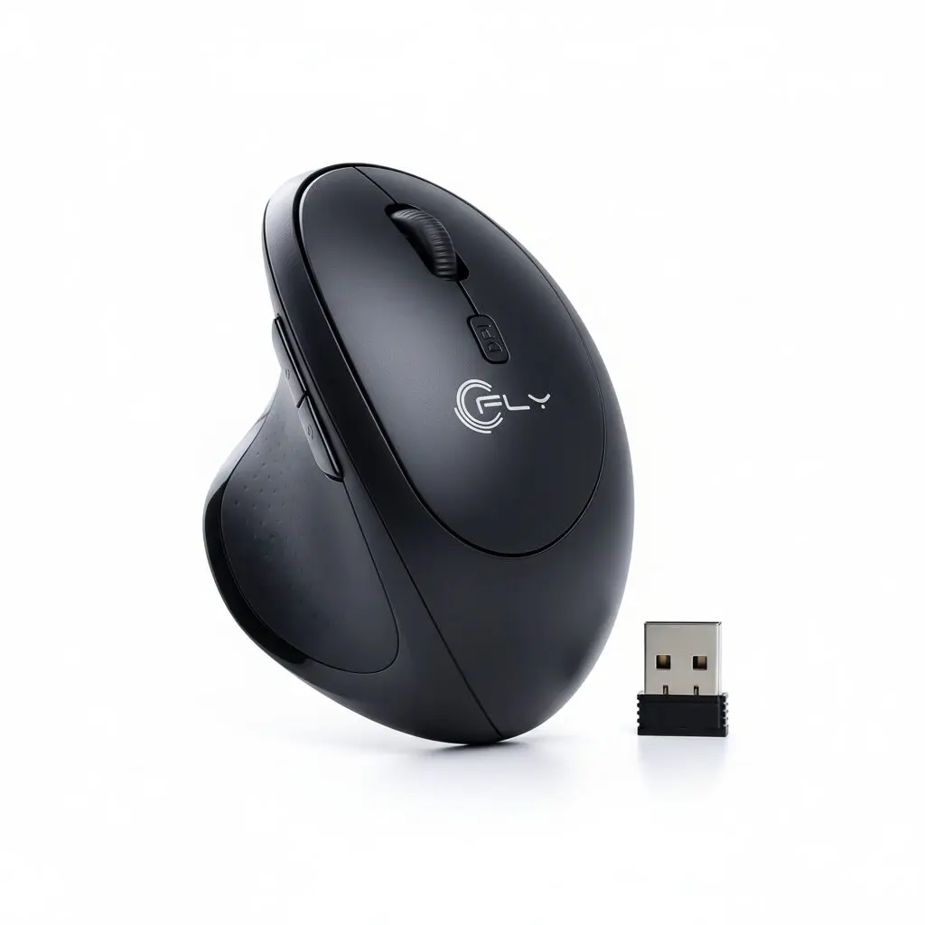 Mouse inalámbrico ergonómico negro FLY T50 con receptor USB, ideal para aliviar fatiga y mejorar productividad.