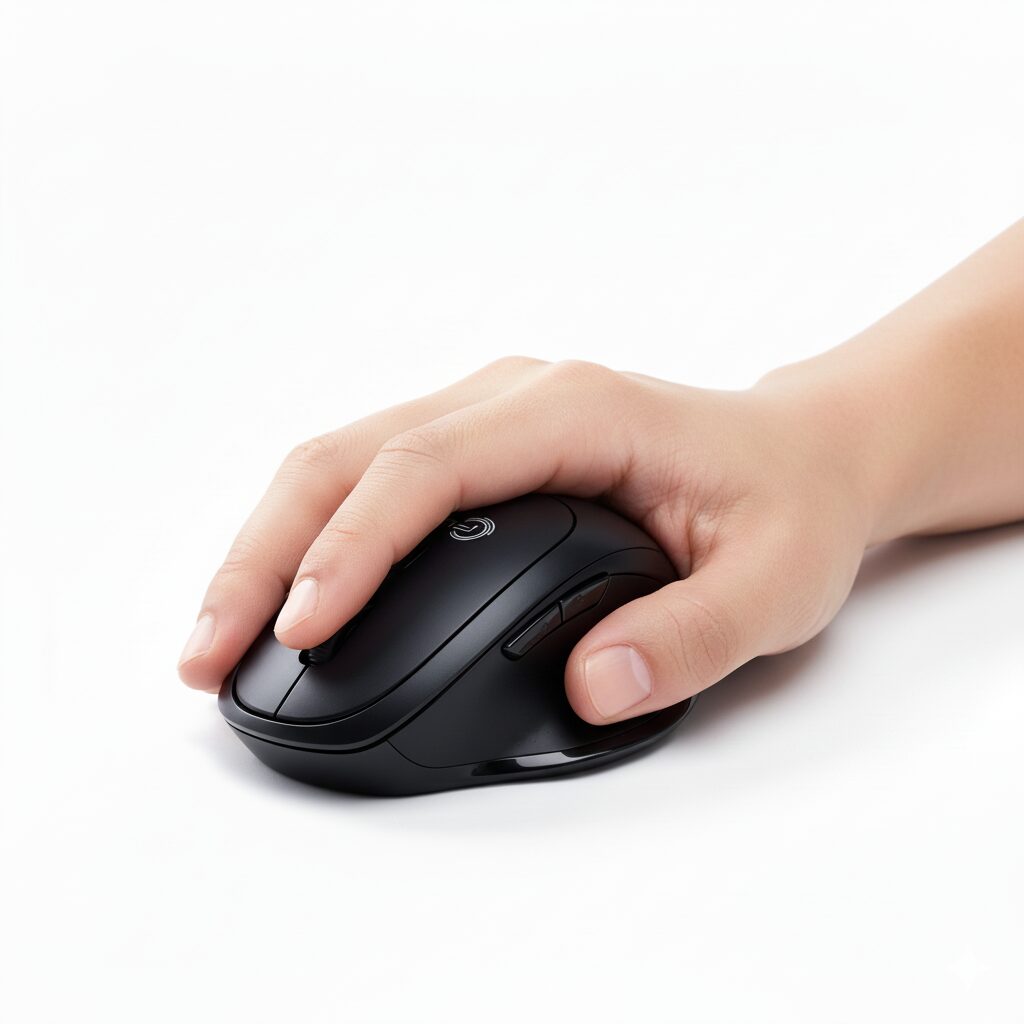 Mano sujetando mouse inalámbrico ergonómico negro FLY T50, ideal para aliviar fatiga y mejorar productividad.