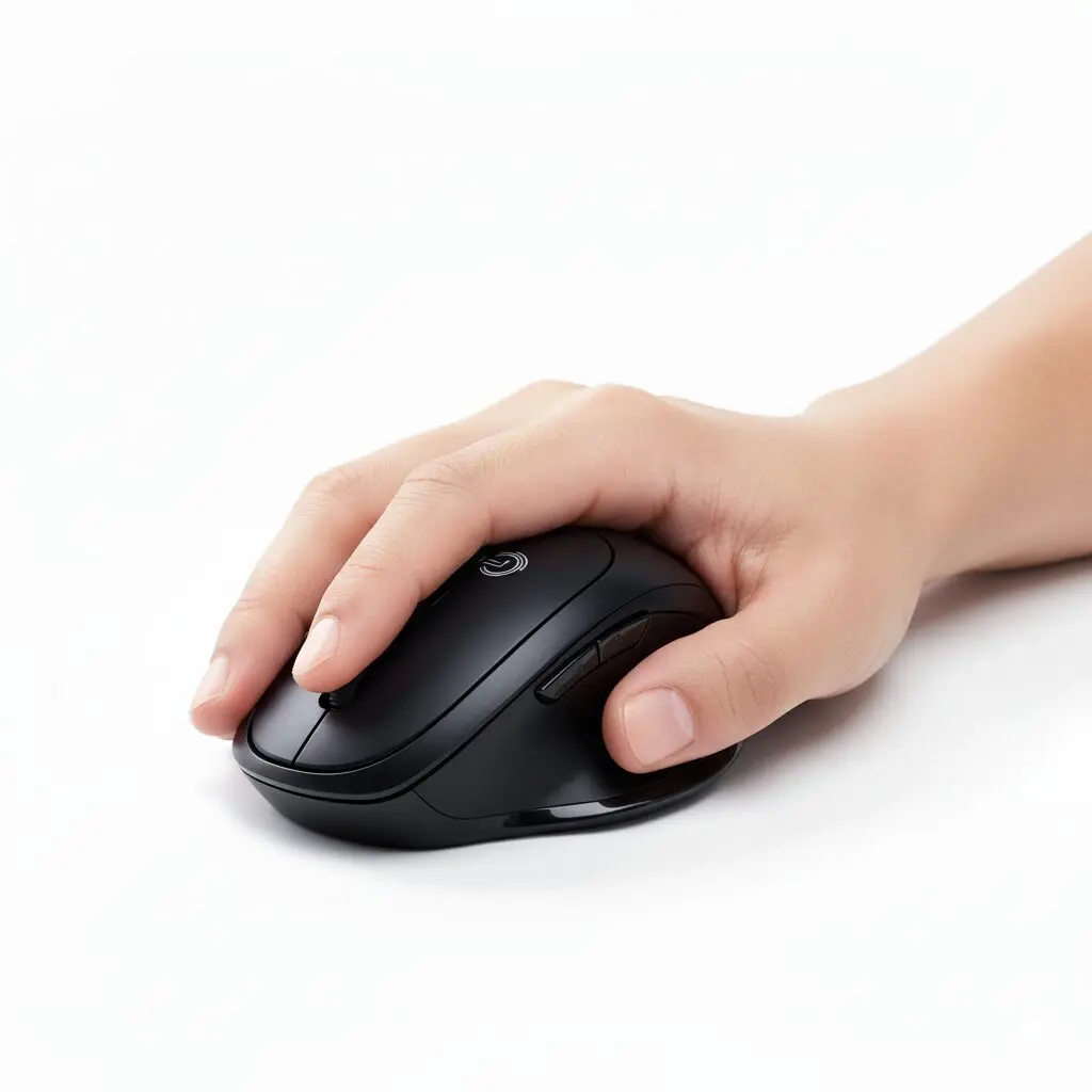 Mano sujetando mouse inalámbrico ergonómico negro FLY T50, ideal para aliviar fatiga y mejorar productividad.
