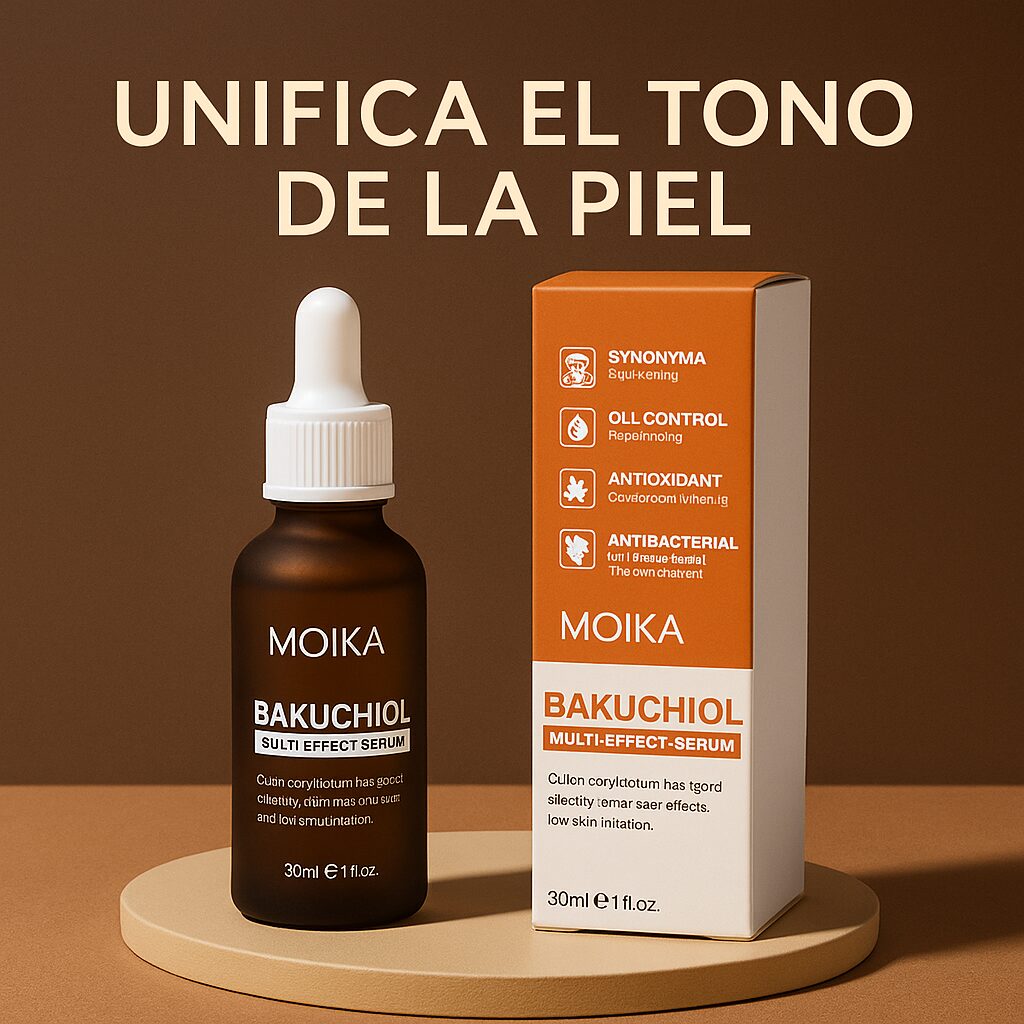 Set Moika Bakuchiol Serum Multi-Efecto de 30ml. Caja y frasco ámbar con cuentagotas. Unifica tono y radiante.