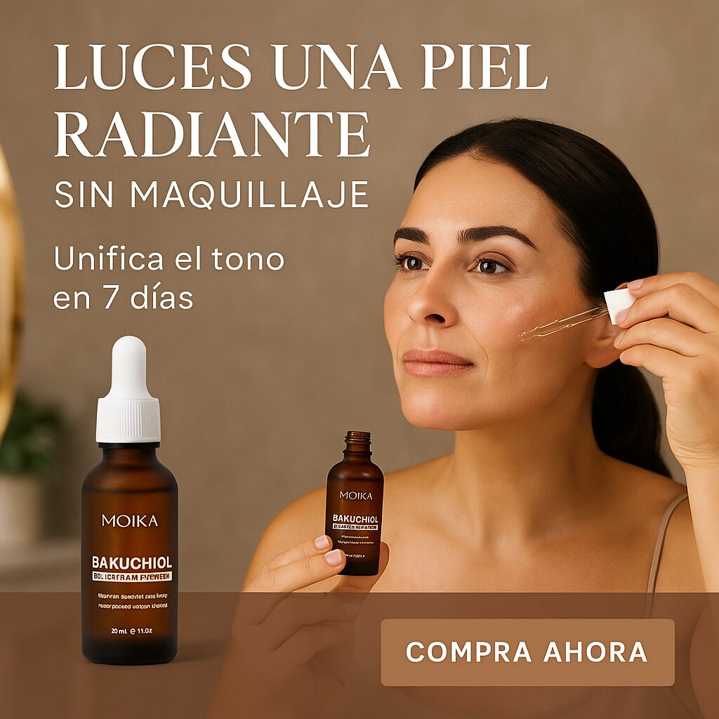 Mujer aplicando serum Bakuchiol Moika, piel radiante sin maquillaje en 7 días. Incluye botellas de 20 ml.