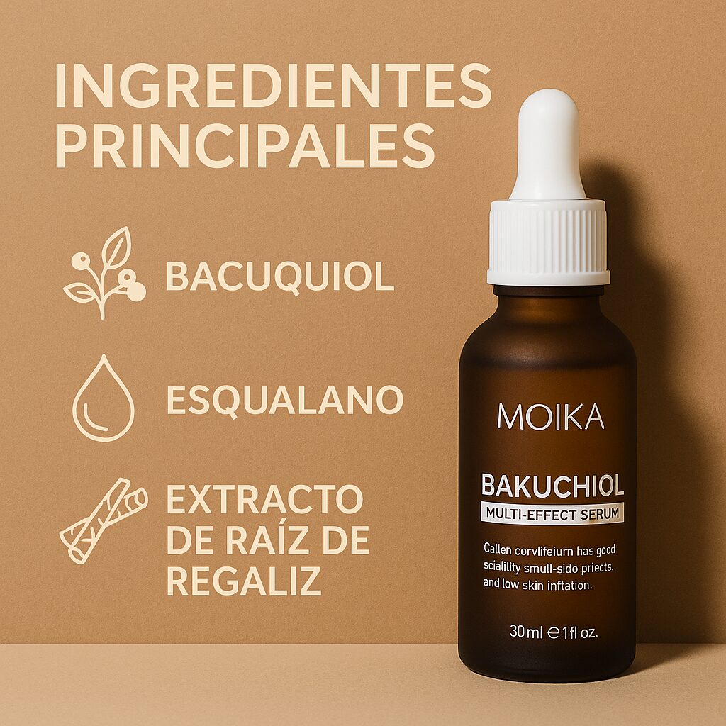 Serum de Bakuchiol Moika en botella ámbar, 30 ml, con ingredientes principales listados: Bacuquiol, Escualano y Extracto de Raíz de Regaliz.