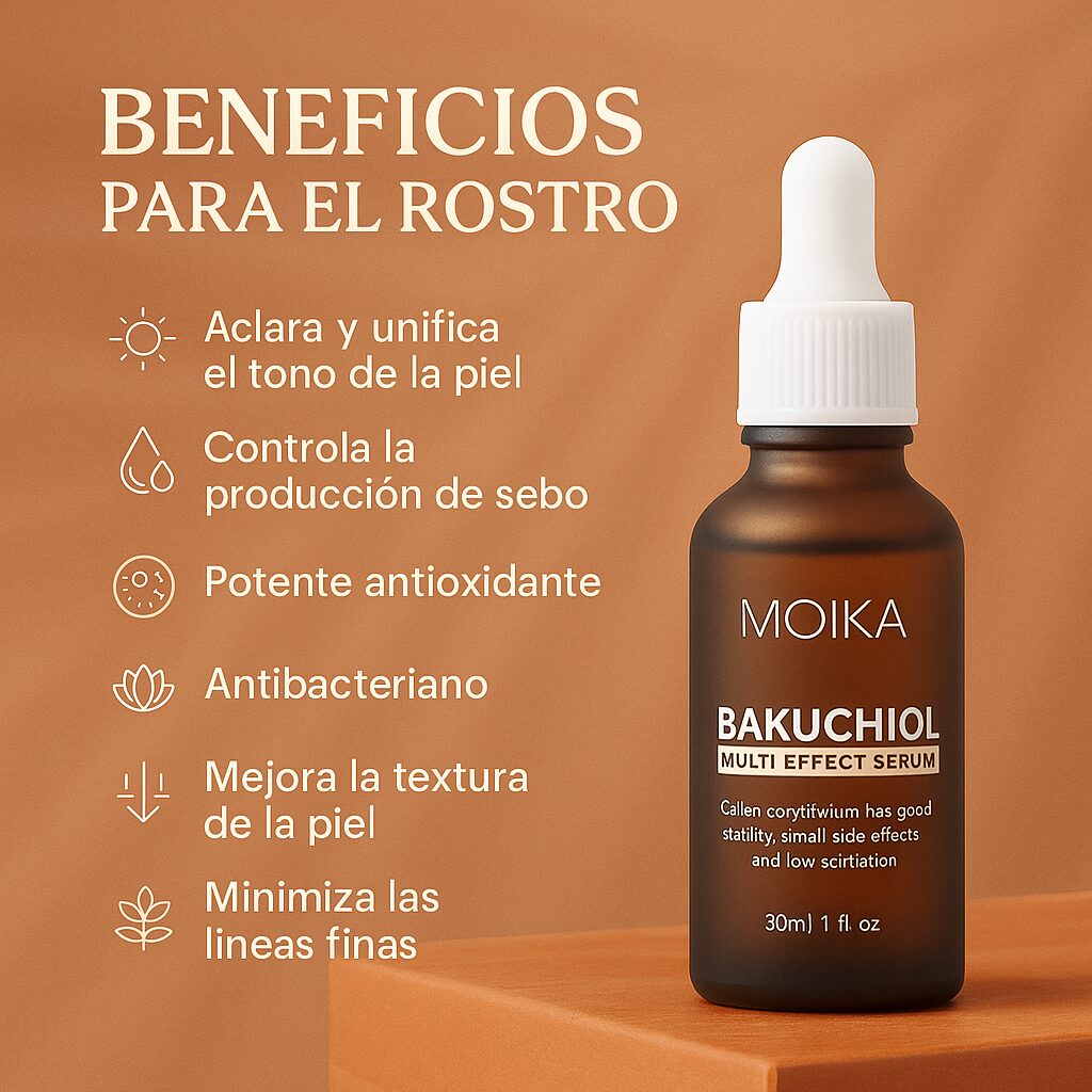 Serum Moika Bakuchiol Multi-Efecto en botella ámbar, destaca beneficios como unificar tono, controlar grasa y reducir líneas finas en la piel.