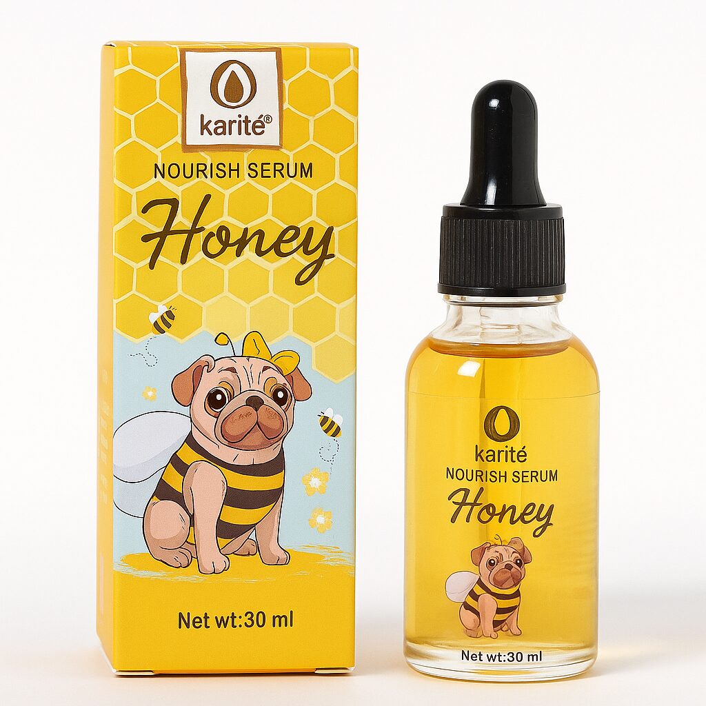 Caja y frasco gotero de serum nutritivo de miel karité 30 ml con diseño de pug vestido de abeja.