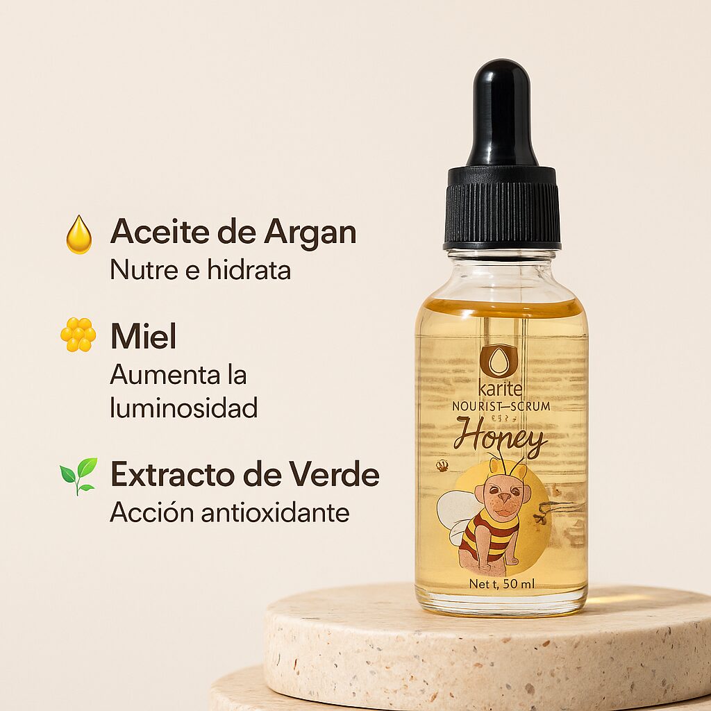Serum nutritivo karité miel en frasco con gotero, 50ml, ideal para piel seca. Destaca sus ingredientes: aceite de argán, miel y extracto de verde.