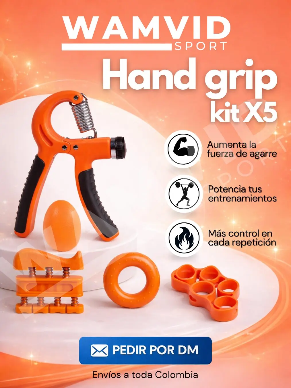 Kit de Ejercitadores de Mano anaranjados: fortalecen agarre, potencian entrenamientos. Incluye 5 piezas.