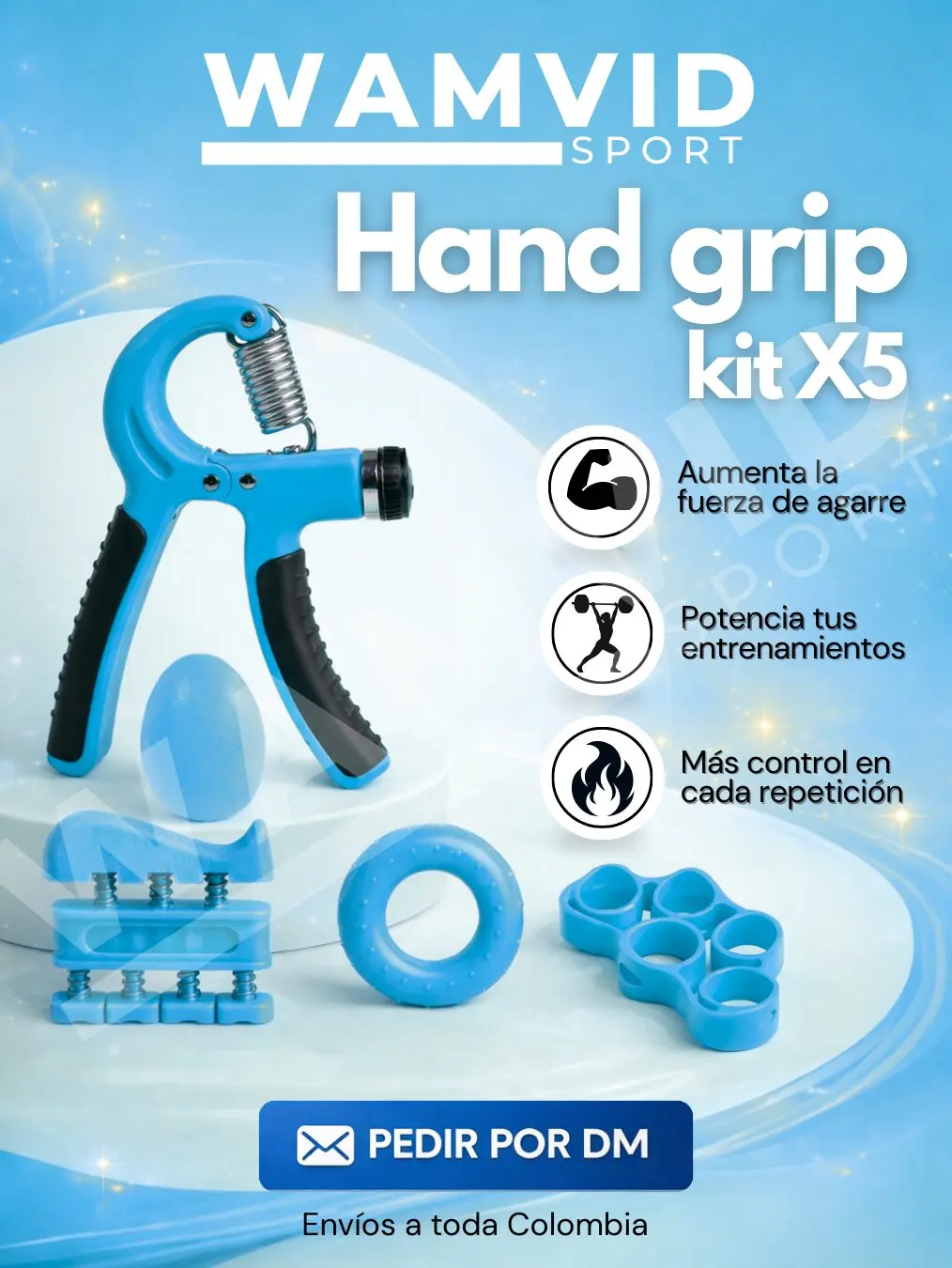 Kit de ejercitadores de mano Hand Grip X5 azules, con agarre, pelota y más, para fuerza.