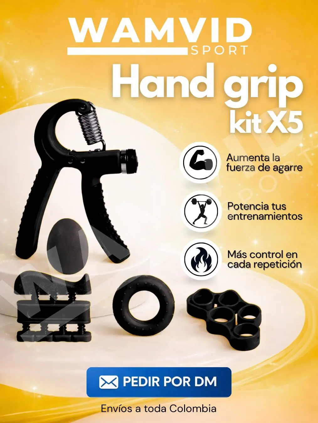 Hand Grip Kit X5 WAMVID: ejercitadores de mano para fuerza, entrenamientos y control, envíos a Colombia.