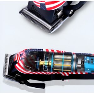Cortadora de pelo profesional WAER 08219, diseño bandera USA, corte preciso, interior visible.
