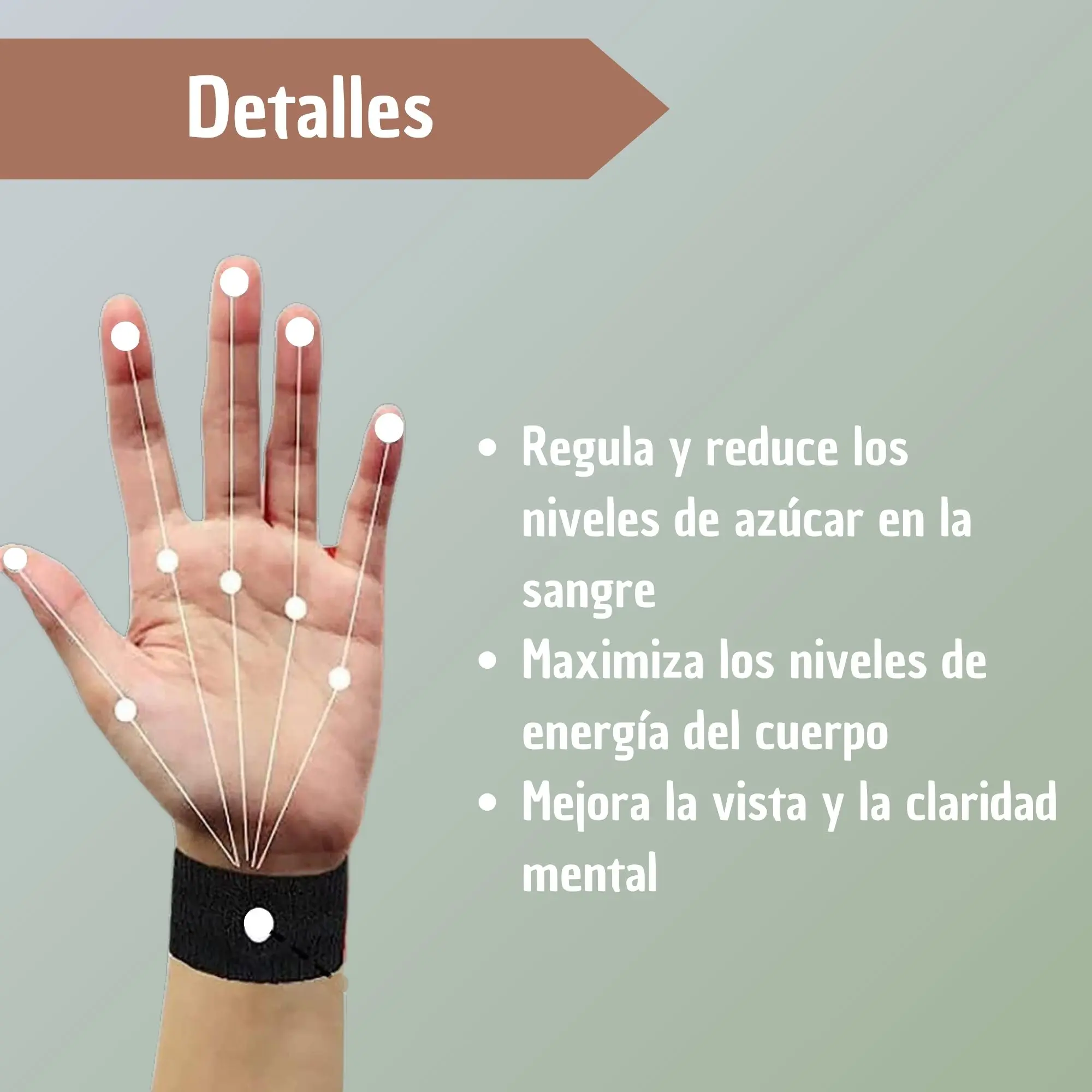 Set x2 manillas antimareo negras, muestra puntos y líneas en mano, texto "Detalles".