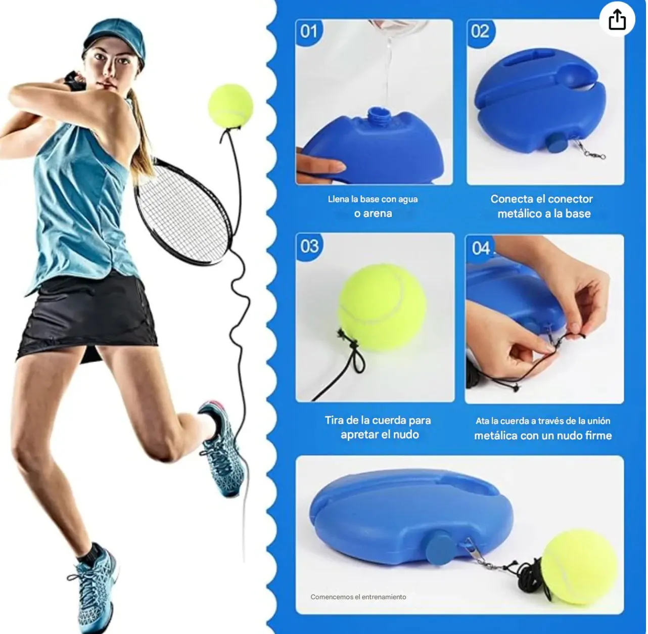 Entrenador de tenis con base azul para llenar, bola de práctica atada y mujer practicando golpes.