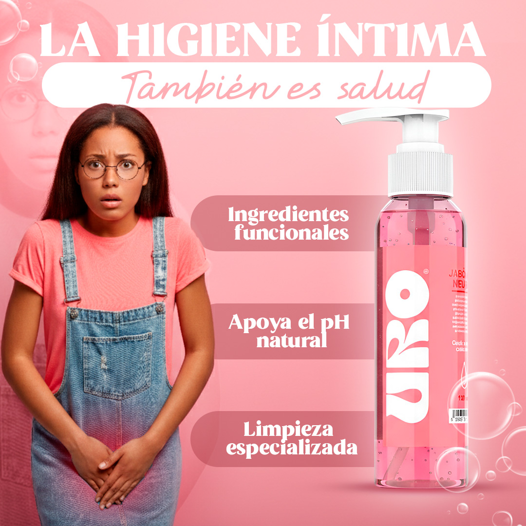 Jabón íntimo líquido Uro neutro pH natural, en botella rosa. Texto promueve higiene y salud.