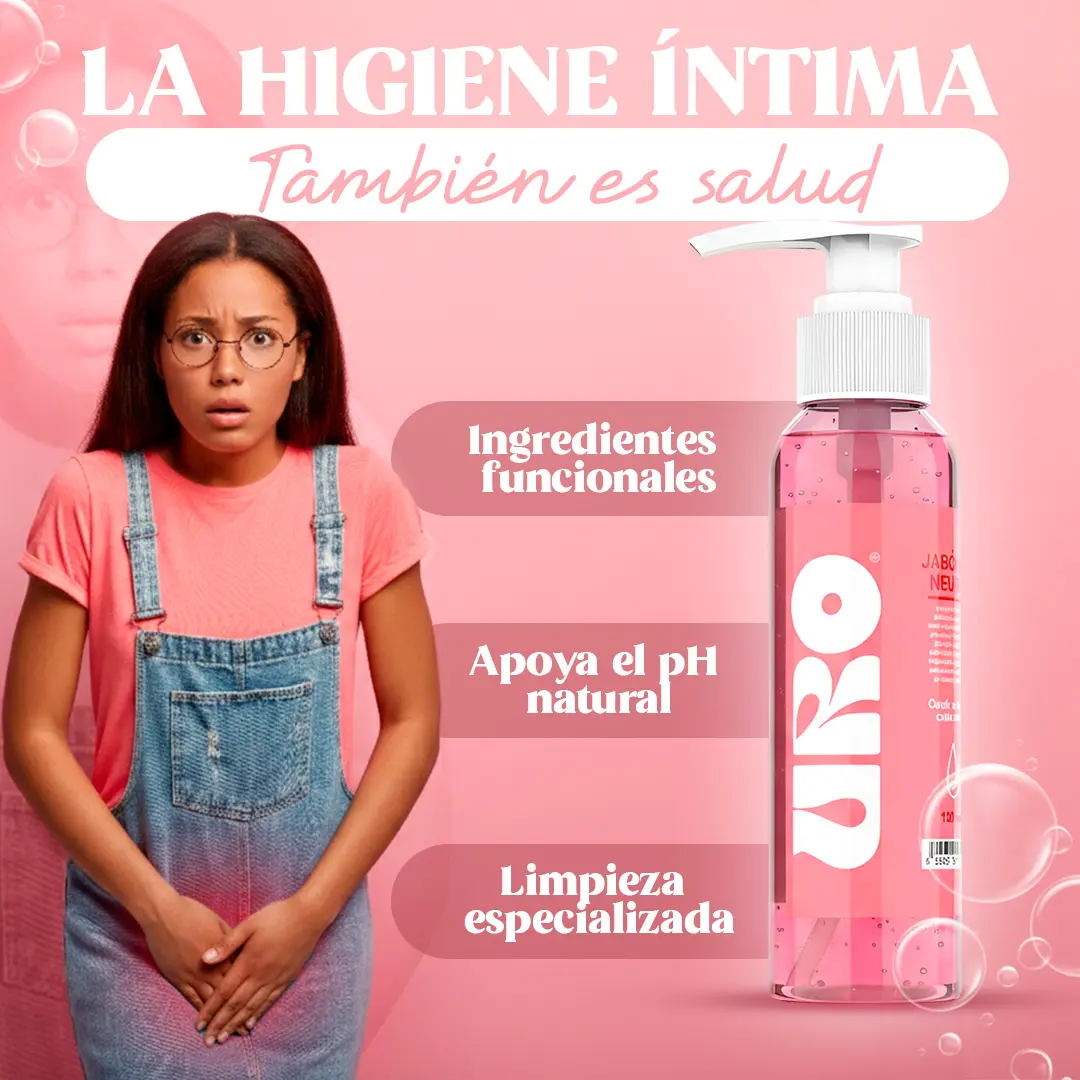 Jabón íntimo líquido Uro neutro pH natural, en botella rosa. Texto promueve higiene y salud.
