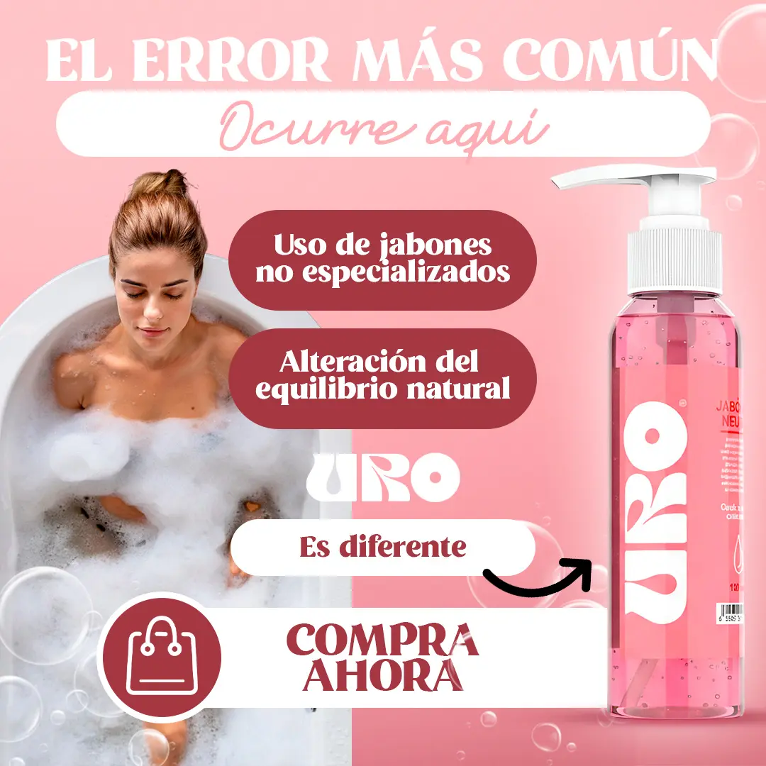 Jabón líquido neutro Uro en envase rosado con dispensador, destacado sobre fondo rosa y junto a mujer en bañera con espuma.