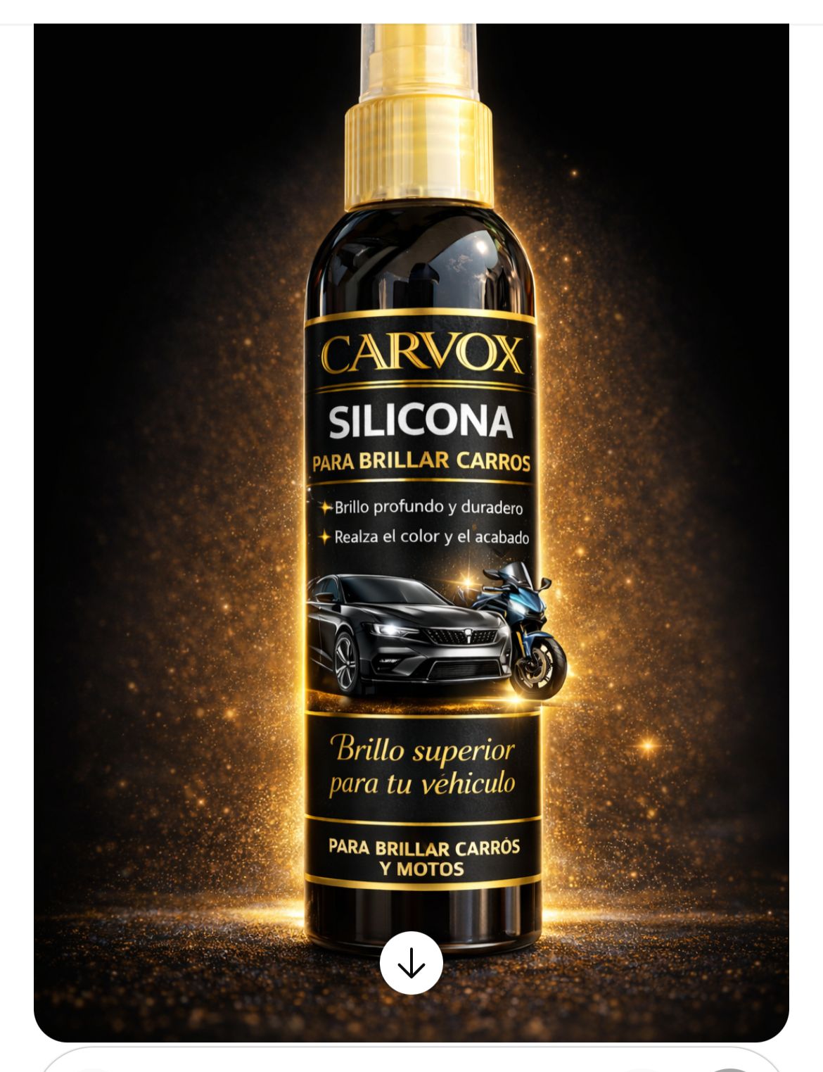 Silicona premium Carbox para dar brillo a carros y motos, con de vehículo deportivo.