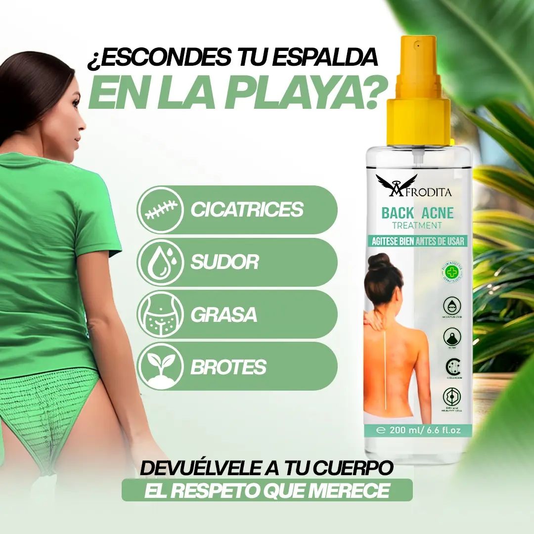 Spray anti-acné para espalda y hombros, elimina cicatrices, sudor, grasa y brotes. Contenido 200 ml.