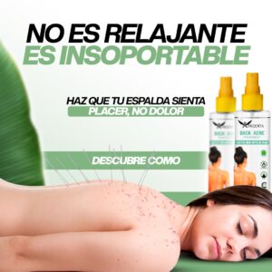 Mujer con acné en la espalda recibiendo acupuntura, junto a dos sprays "Back Acne Treatment" de Afrodita.