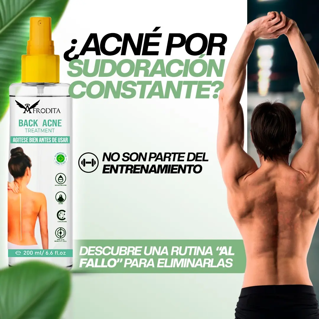 Spray corporal Afrodita para acné de espalda, 200ml. Hombre ejercitándose.