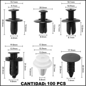 Pines plásticos automotrices negros y blancos, 4 modelos con medidas, para asegurar carrocería.